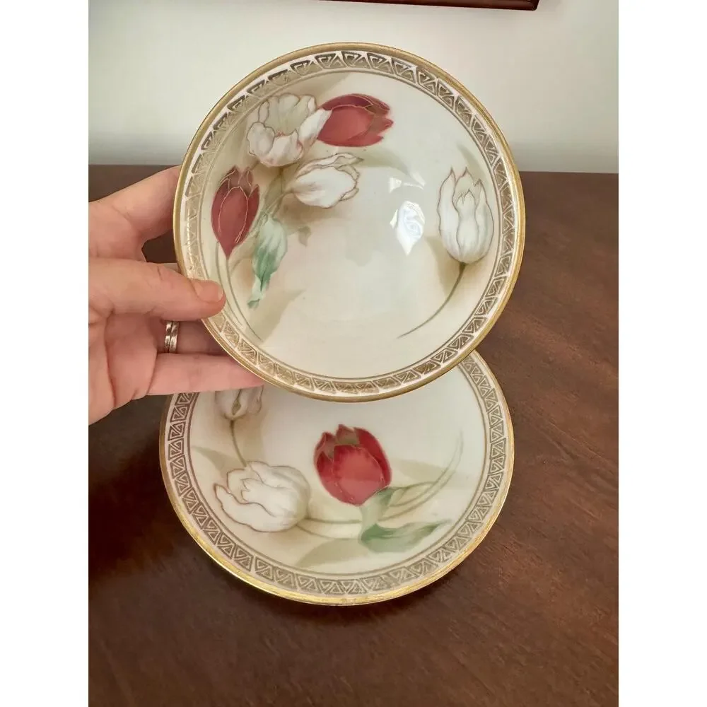 Antique Art Deco RS Germany Hand-Painted Tulip Porcelain Bowl and Plate Set